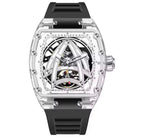 PINDU P6657 Sailing Series transparent K9 glass case skeleton dial black rubber strap