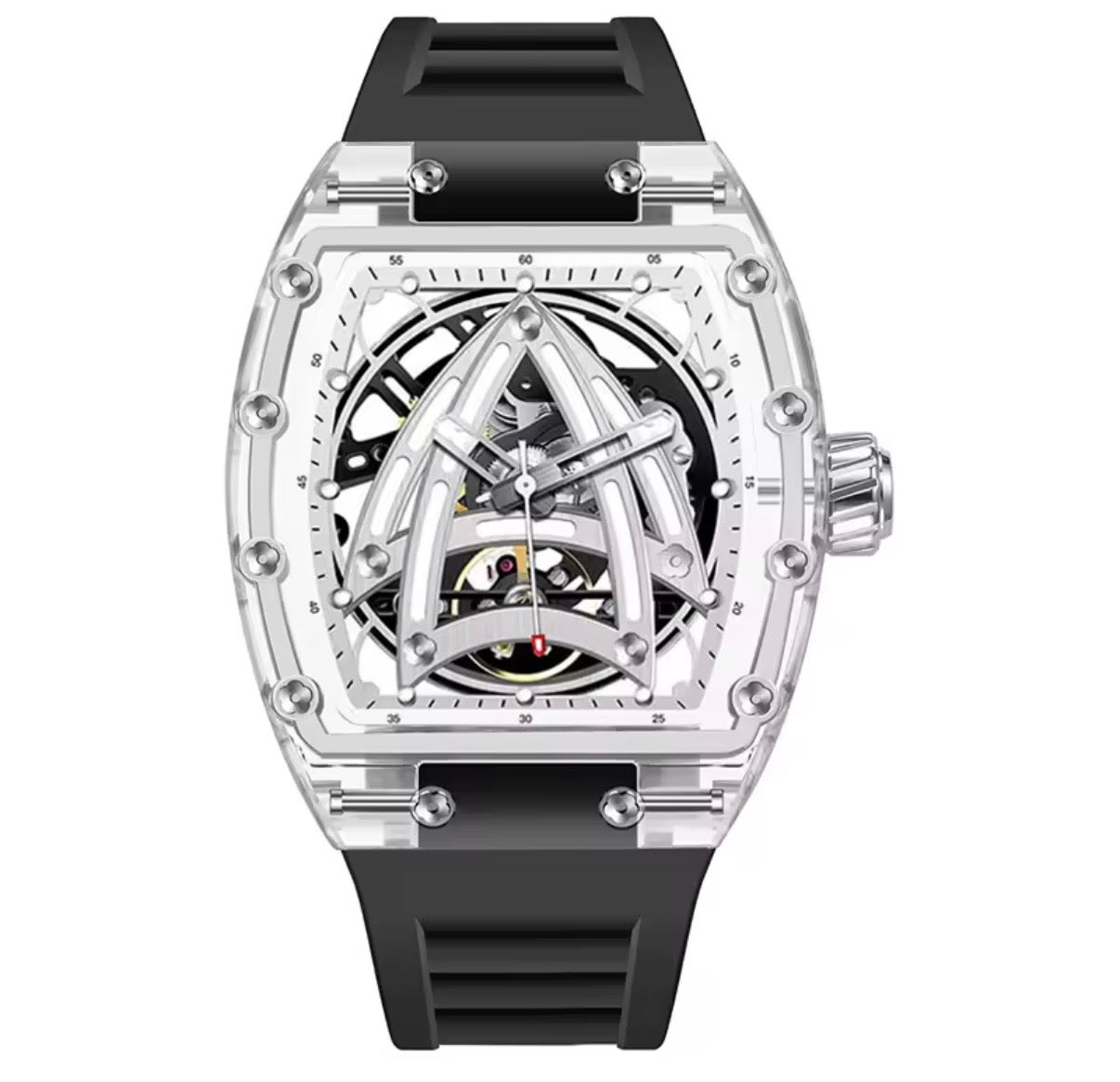 PINDU P6657 Sailing Series transparent K9 glass case skeleton dial black rubber strap