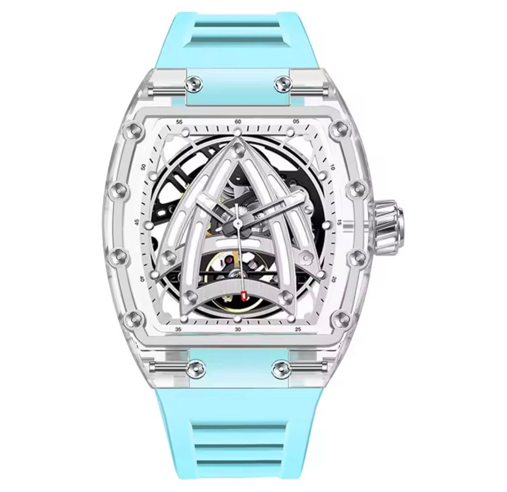PINDU P6657 Sailing Series transparent K9 glass case skeleton dial blue rubber strap