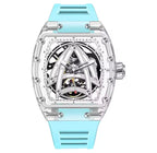 PINDU P6657 Sailing Series transparent K9 glass case skeleton dial blue rubber strap