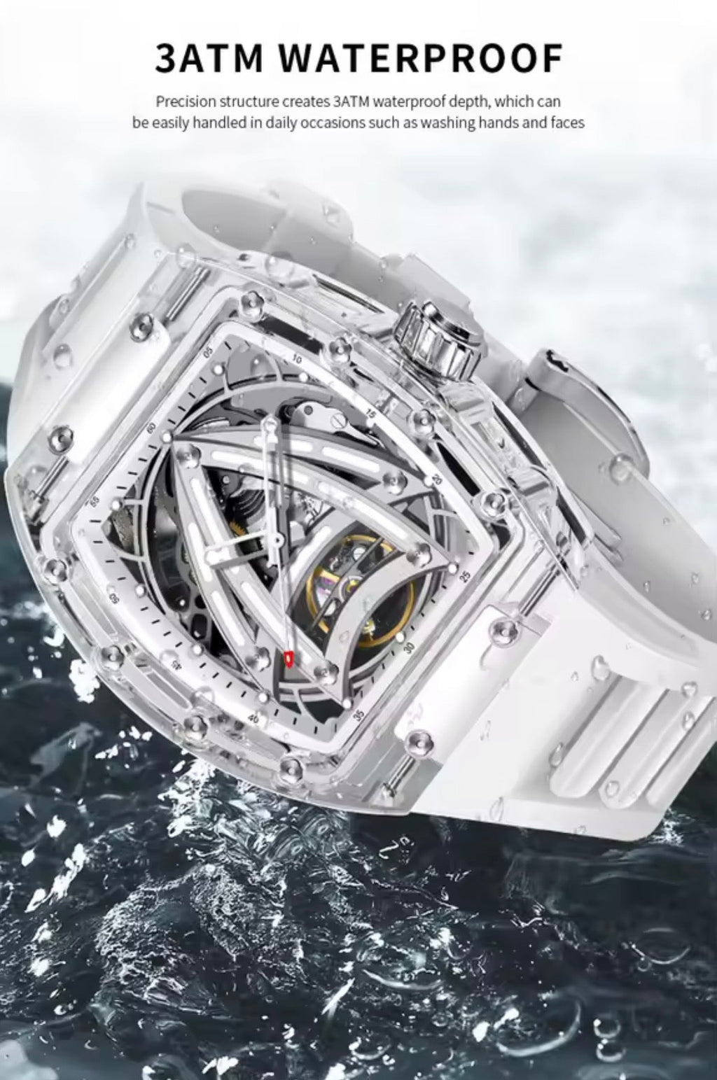 PINDU P6657 Sailing Series transparent case skeleton tourbillon watch white rubber strap 3ATM waterproof water lifestyle