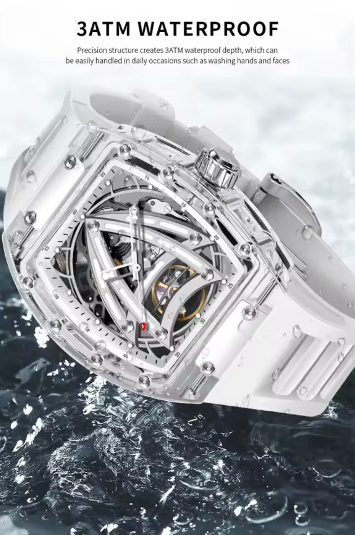 PINDU P6657 Sailing Series transparent case skeleton tourbillon watch white rubber strap 3ATM waterproof water lifestyle