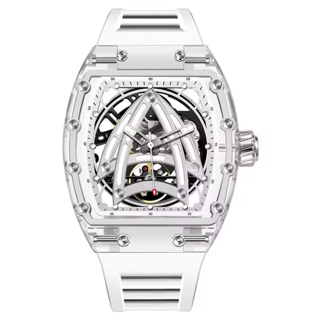 PINDU P6657 Sailing Series transparent K9 glass case skeleton dial white rubber strap