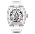 PINDU P6657 Sailing Series transparent K9 glass case skeleton dial white rubber strap