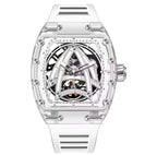 PINDU P6657 Sailing Series transparent K9 glass case skeleton dial white rubber strap