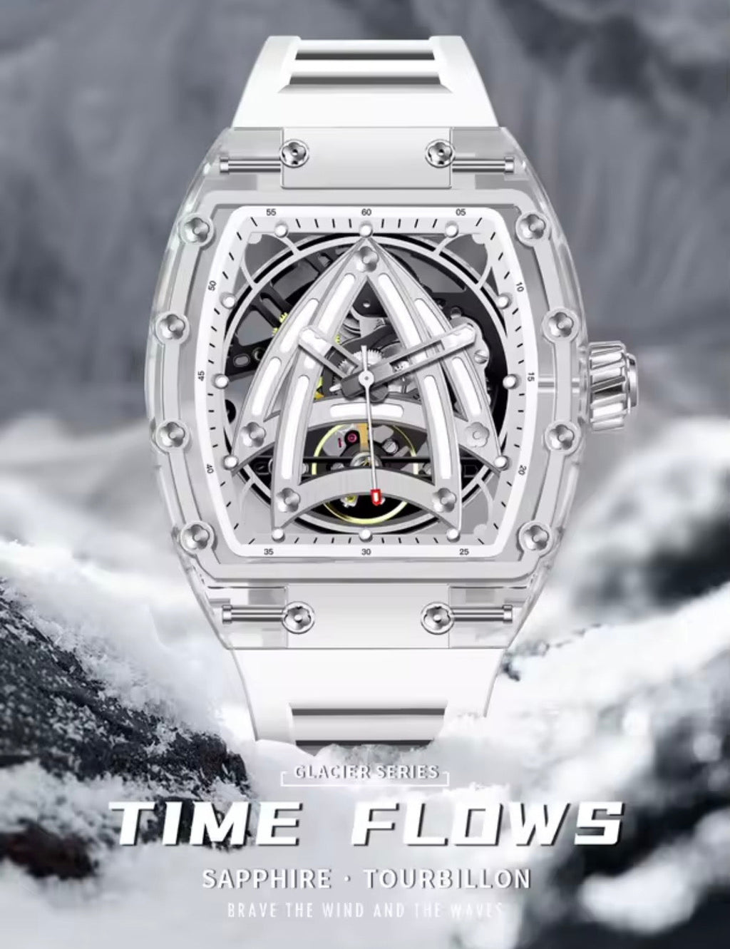 PINDU P6657 Sailing Series transparent case skeleton automatic tourbillon watch white rubber strap glacier lifestyle