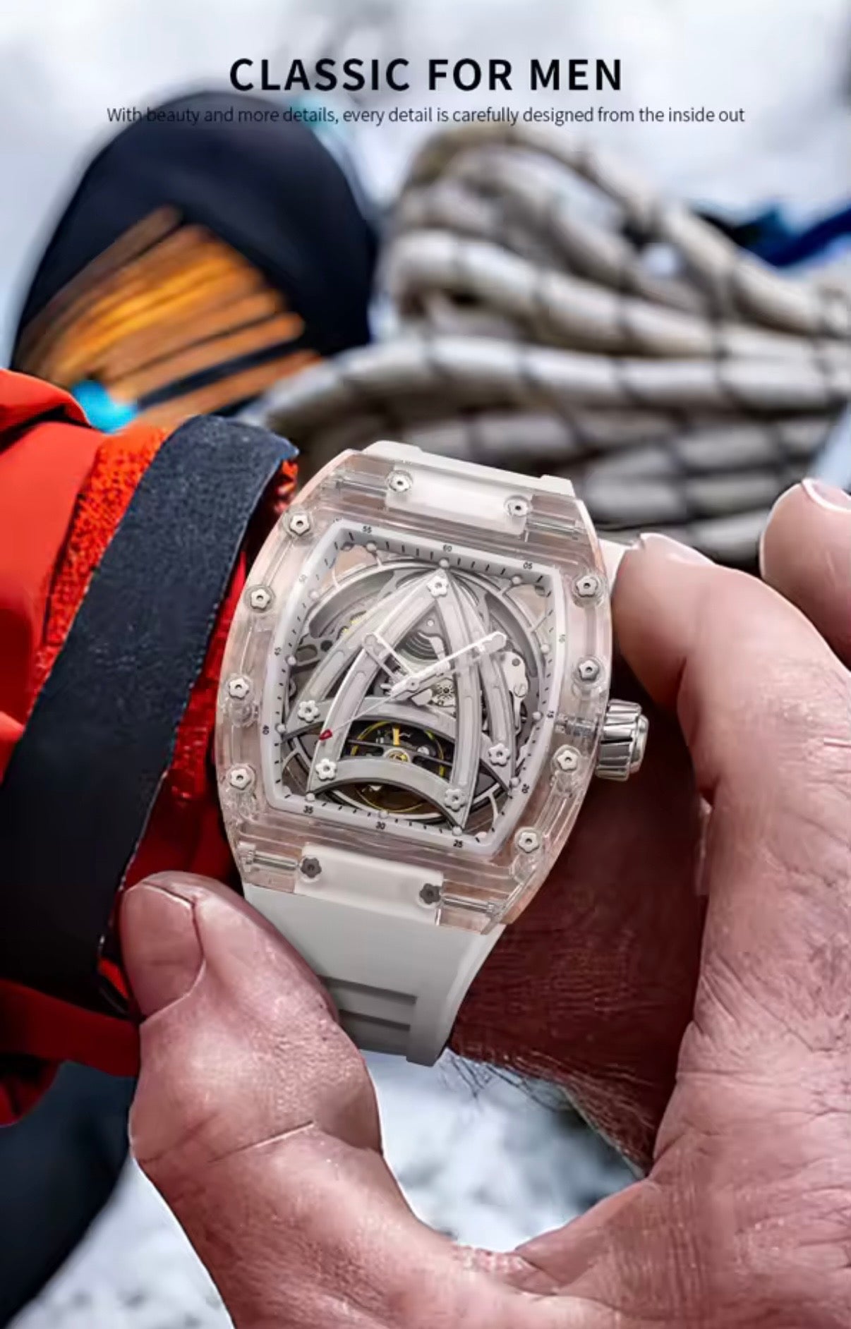 PINDU P6657 Sailing Series transparent case skeleton tourbillon watch white rubber strap held in hand outdoor sailing lifestyle