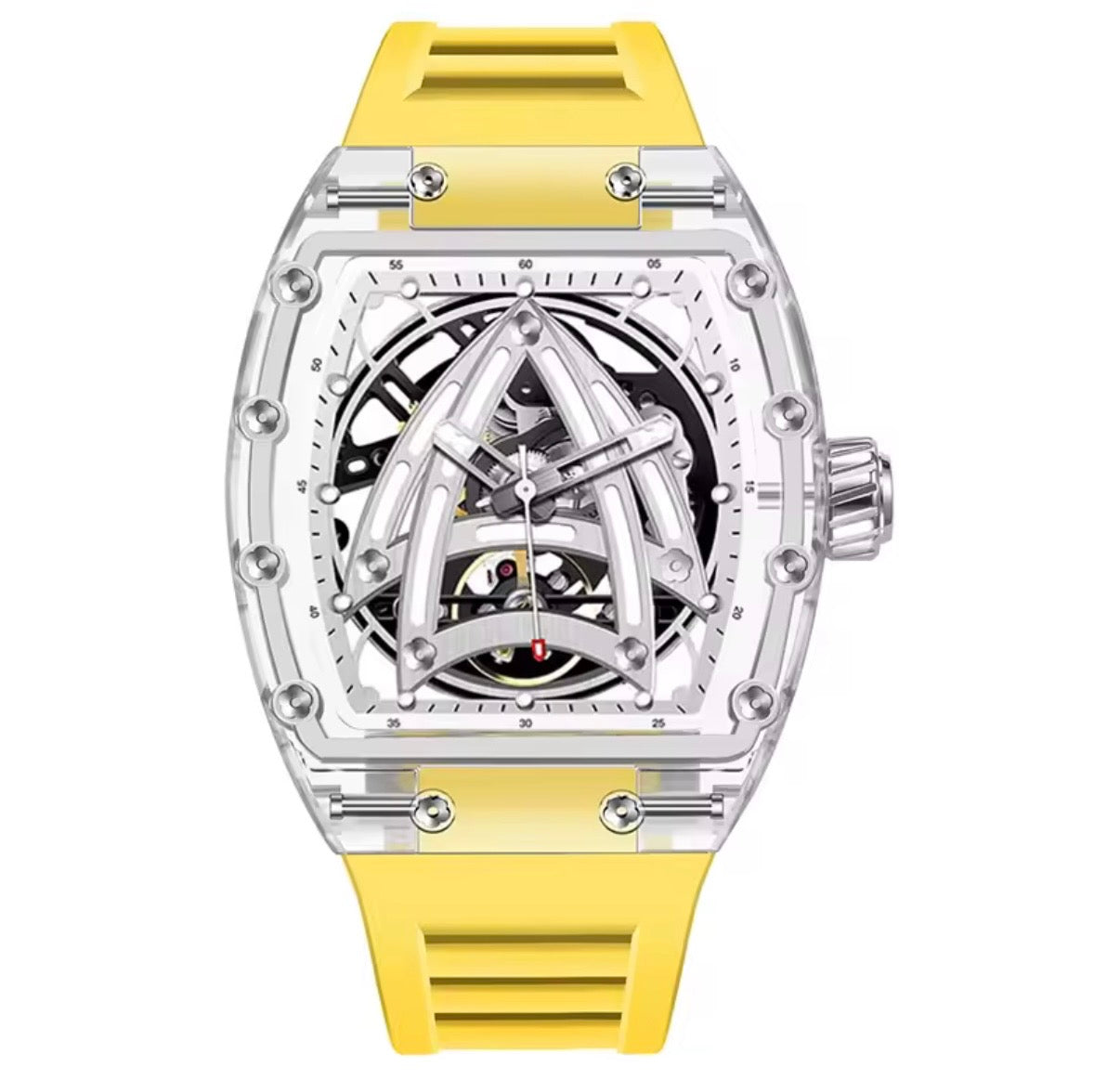 PINDU P6657 Sailing Series transparent K9 glass case skeleton dial yellow rubber strap men's automatic tourbillon watch front view