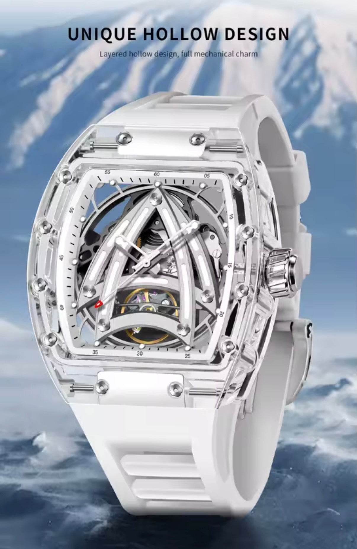 PINDU P6657 Sailing Series transparent hollow skeleton dial tourbillon watch white rubber strap mountain lifestyle