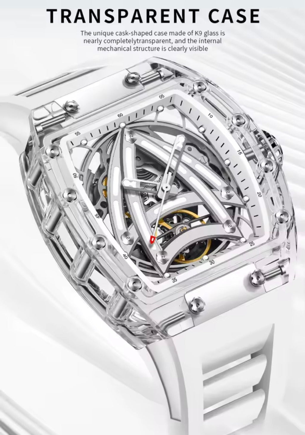 PINDU P6657 Sailing Series transparent K9 glass case skeleton dial tourbillon close-up white rubber strap