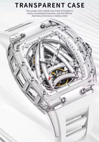 PINDU P6657 Sailing Series transparent K9 glass case skeleton dial tourbillon close-up white rubber strap