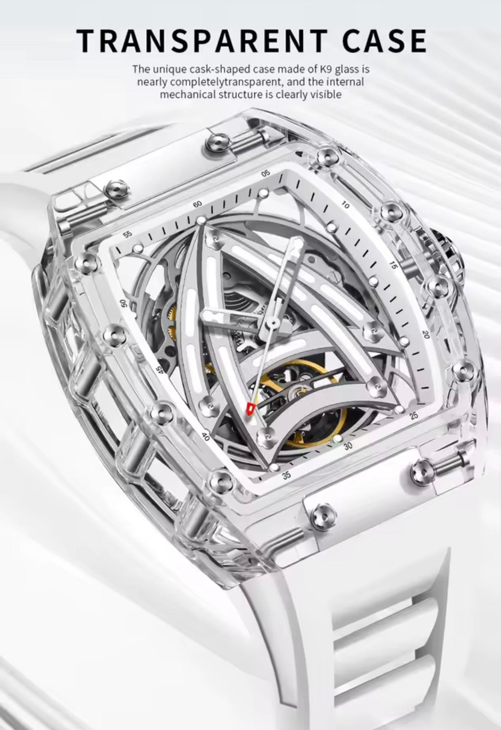 PINDU P6657 Sailing Series transparent K9 glass barrel case skeleton dial white rubber strap side angle view
