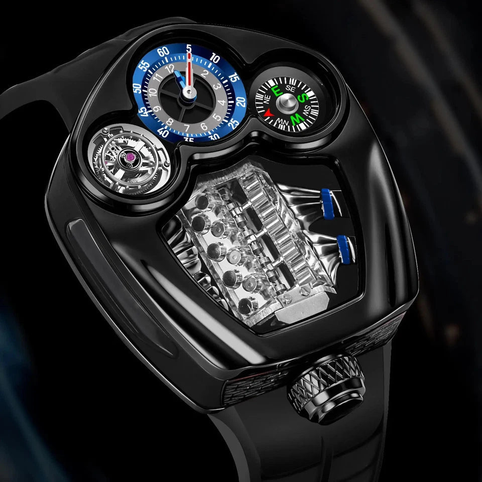 PINDU P6658 Engine Series quartz watch – black case 3D angled view showing mechanical engine block movement
