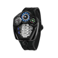 PINDU P6658 Engine Series quartz watch – black tonneau case, black leather strap, blue compass dial, three subdials, front view