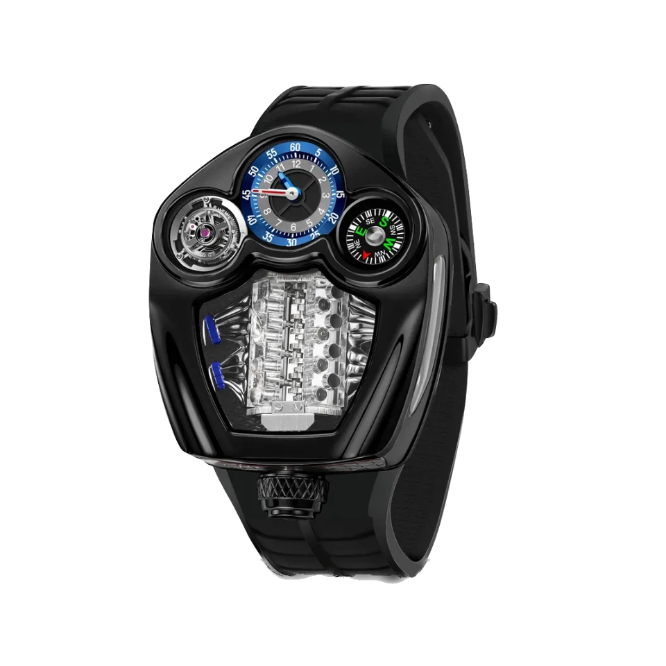 PINDU P6658 Engine Series quartz watch – black tonneau case, black leather strap, blue compass dial, three subdials, front view
