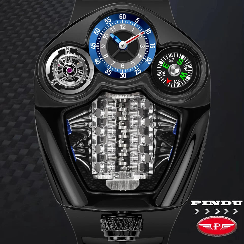 PINDU P6658 Engine Series quartz watch – black case blue dial annotated diagram showing features and complications