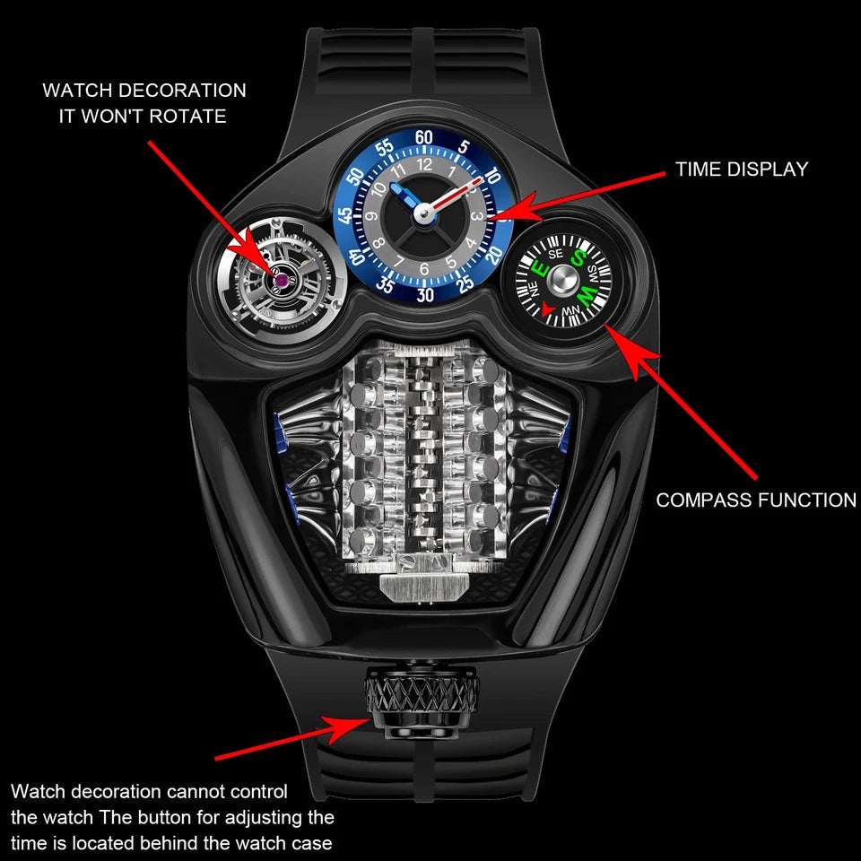 PINDU P6658 Engine Series quartz watch – black case engine block mechanical center dial detail close-up