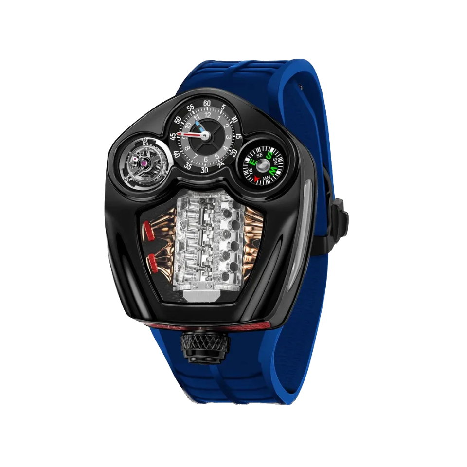 PINDU P6658 Engine Series quartz watch – black tonneau case, navy blue leather strap, blue compass dial, three subdials, front view