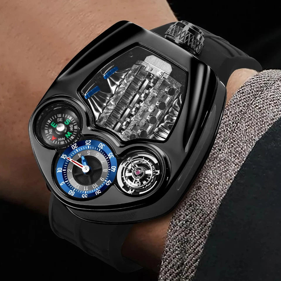 PINDU P6658 Engine Series quartz watch on wrist – black case, blue compass dial, red and green markers