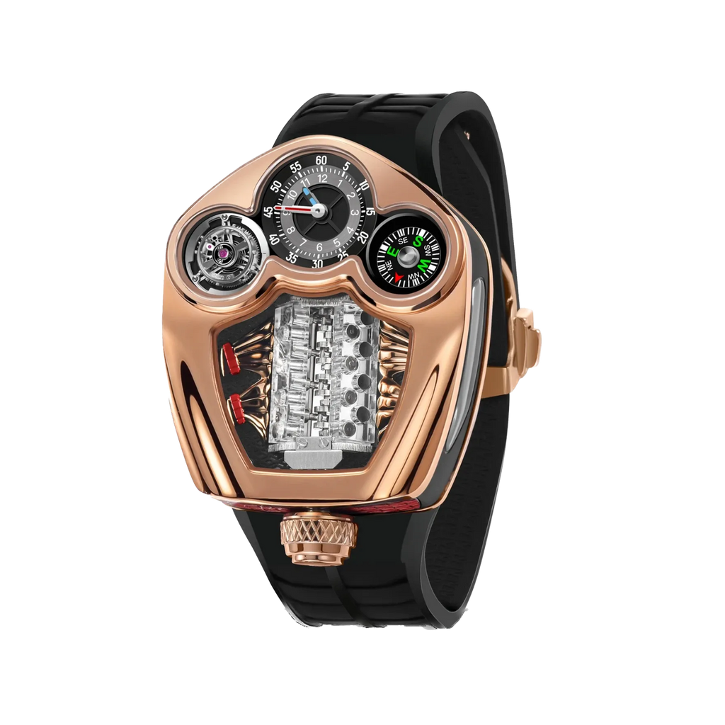 PINDU P6658 Engine Series quartz watch – rose gold tonneau case, black leather strap, cream compass dial, front view