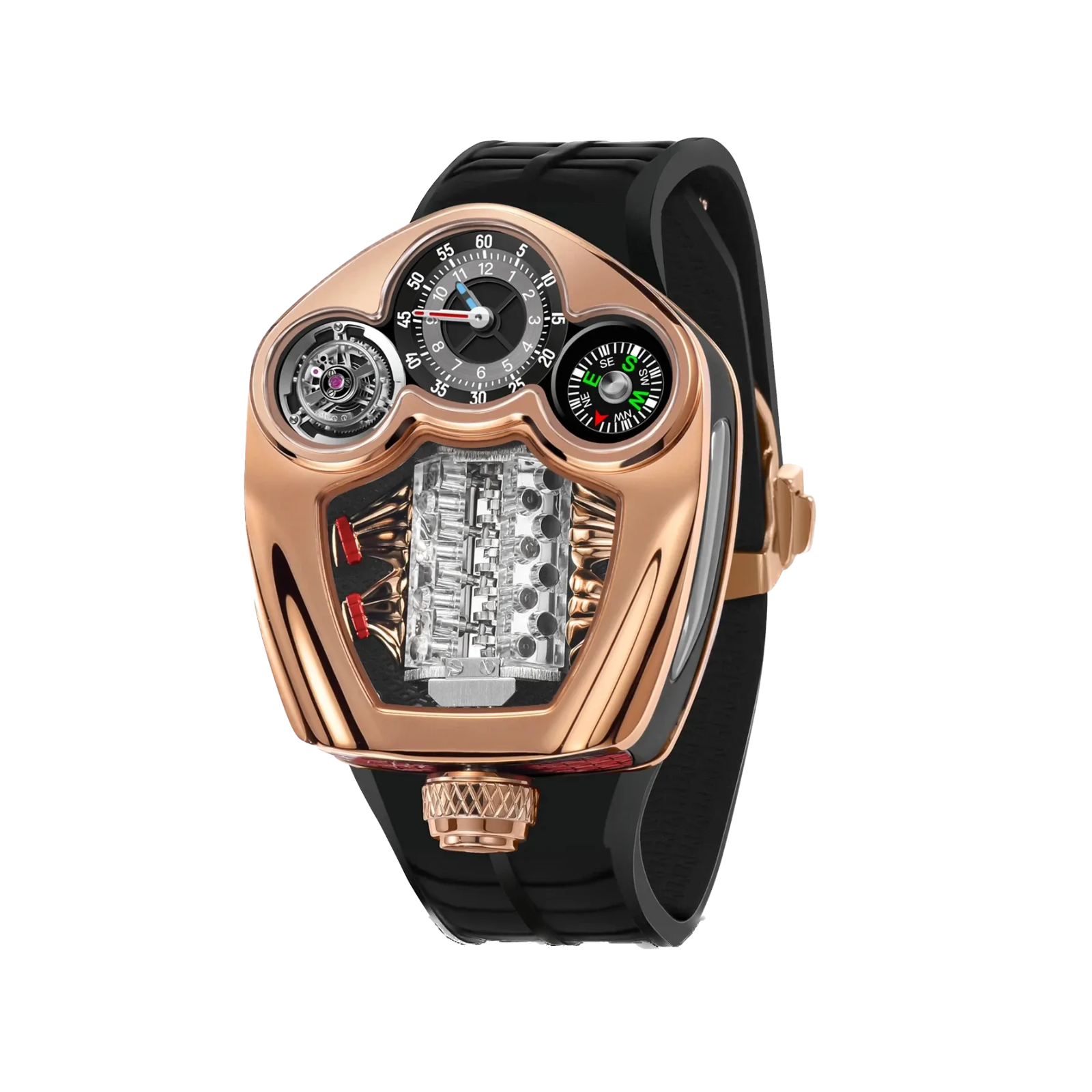 PINDU P6658 Engine Series quartz watch – rose gold tonneau case, black leather strap, cream compass dial, front view
