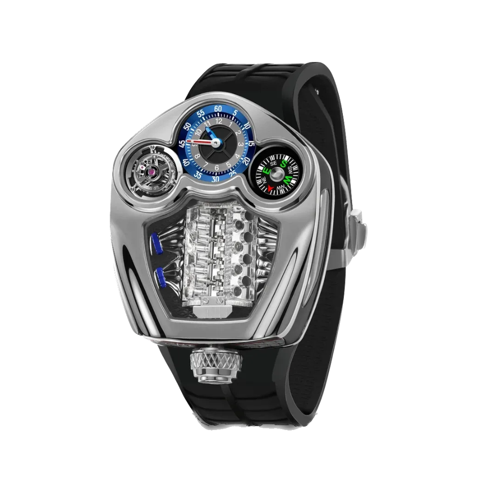 PINDU P6658 Engine Series quartz watch – silver tonneau case, white leather strap, blue compass dial, three subdials, front view