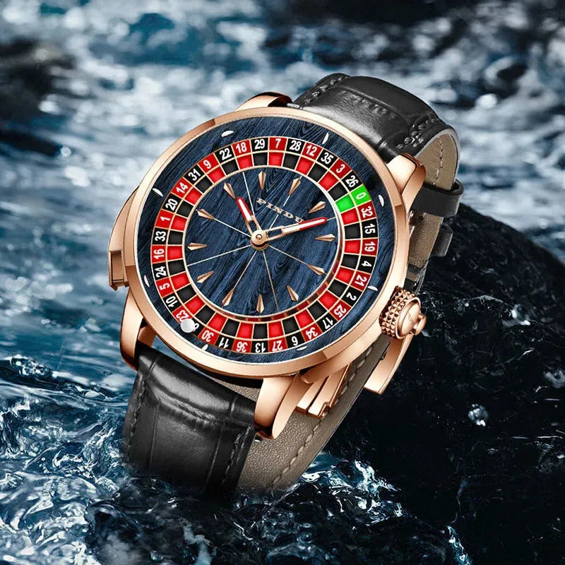 PINDU P6663 roulette wheel watch lifestyle shot blue wood grain dial gray leather strap