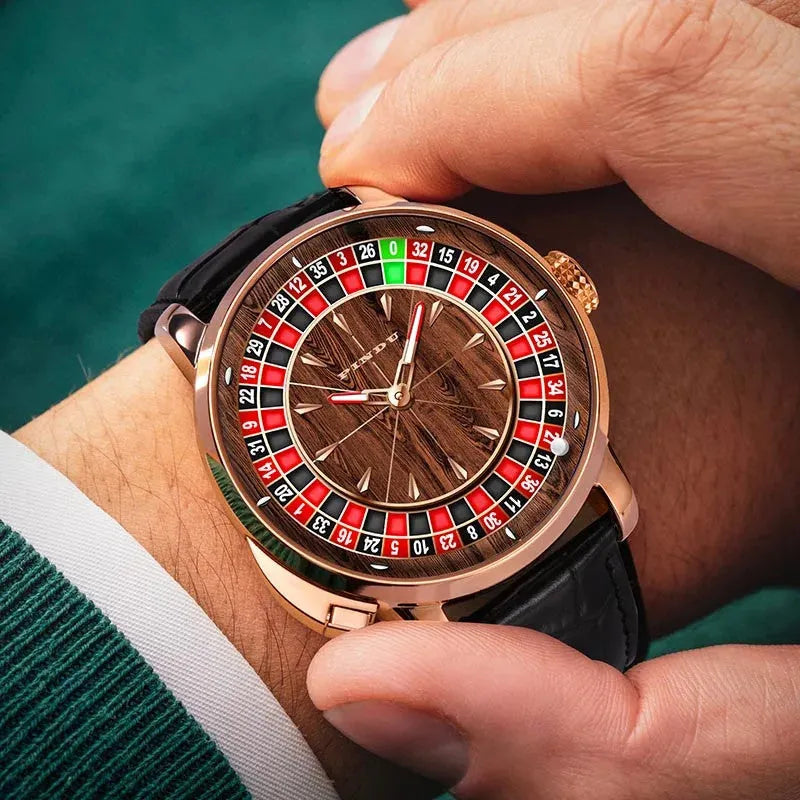 PINDU P6663 roulette wheel mechanical watch on wrist brown wood grain dial black leather strap