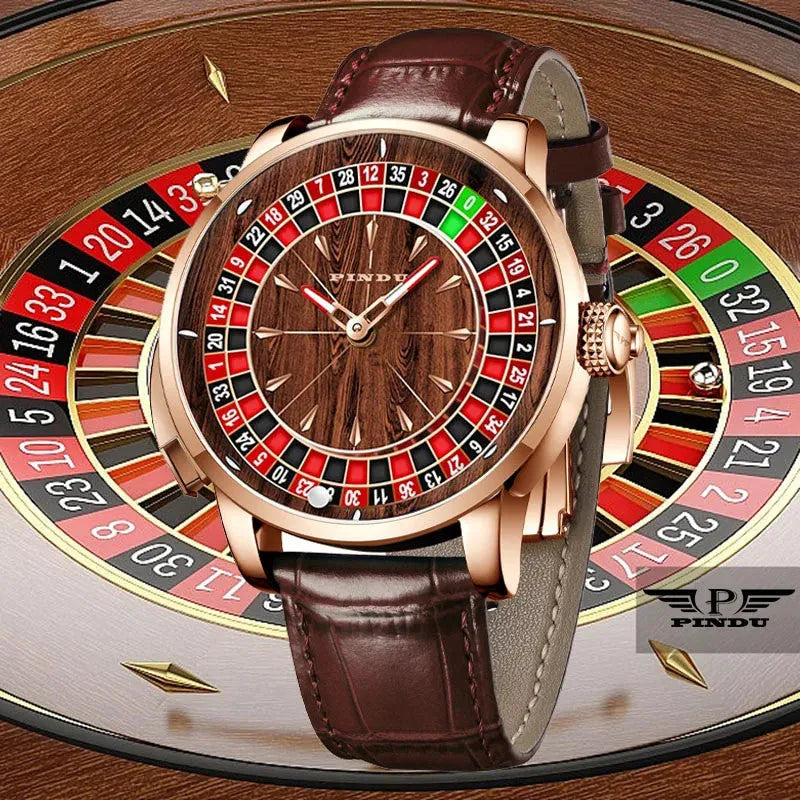PINDU P6663 roulette wheel watch casino lifestyle shot brown wood grain dial rose gold case
