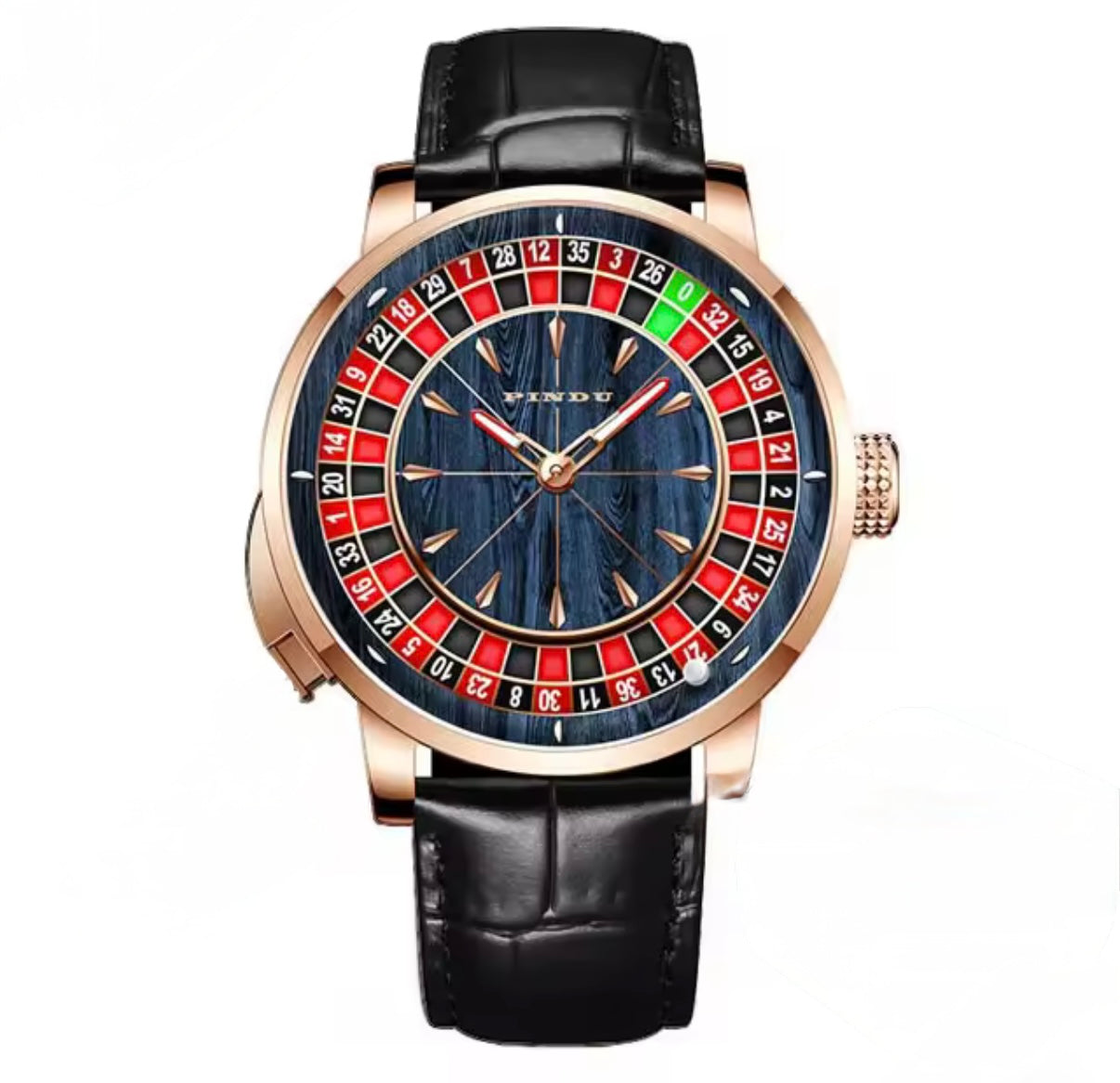 PINDU P6663 roulette wheel mechanical watch rose gold case blue wood grain dial black leather strap front view