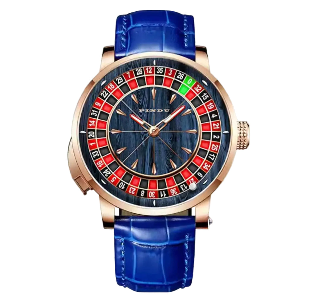 PINDU P6663 roulette wheel mechanical watch rose gold case blue wood grain dial blue leather strap front view