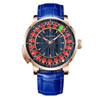 PINDU P6663 roulette wheel mechanical watch rose gold case blue wood grain dial blue leather strap front view