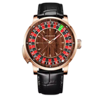 PINDU P6663 roulette wheel mechanical watch rose gold case brown wood grain dial black leather strap front view