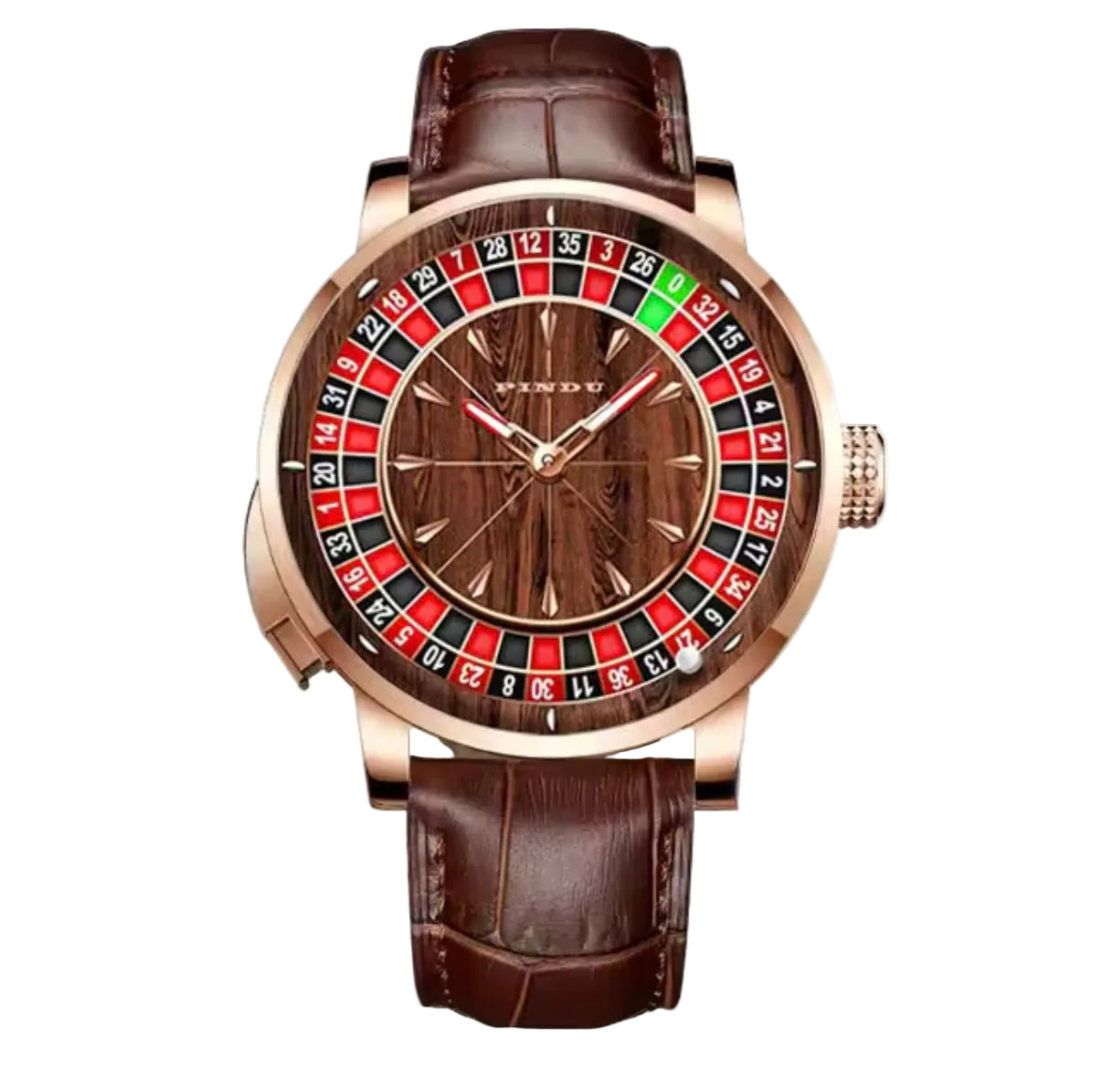 PINDU P6663 roulette wheel mechanical watch rose gold case brown wood grain dial brown leather strap front view