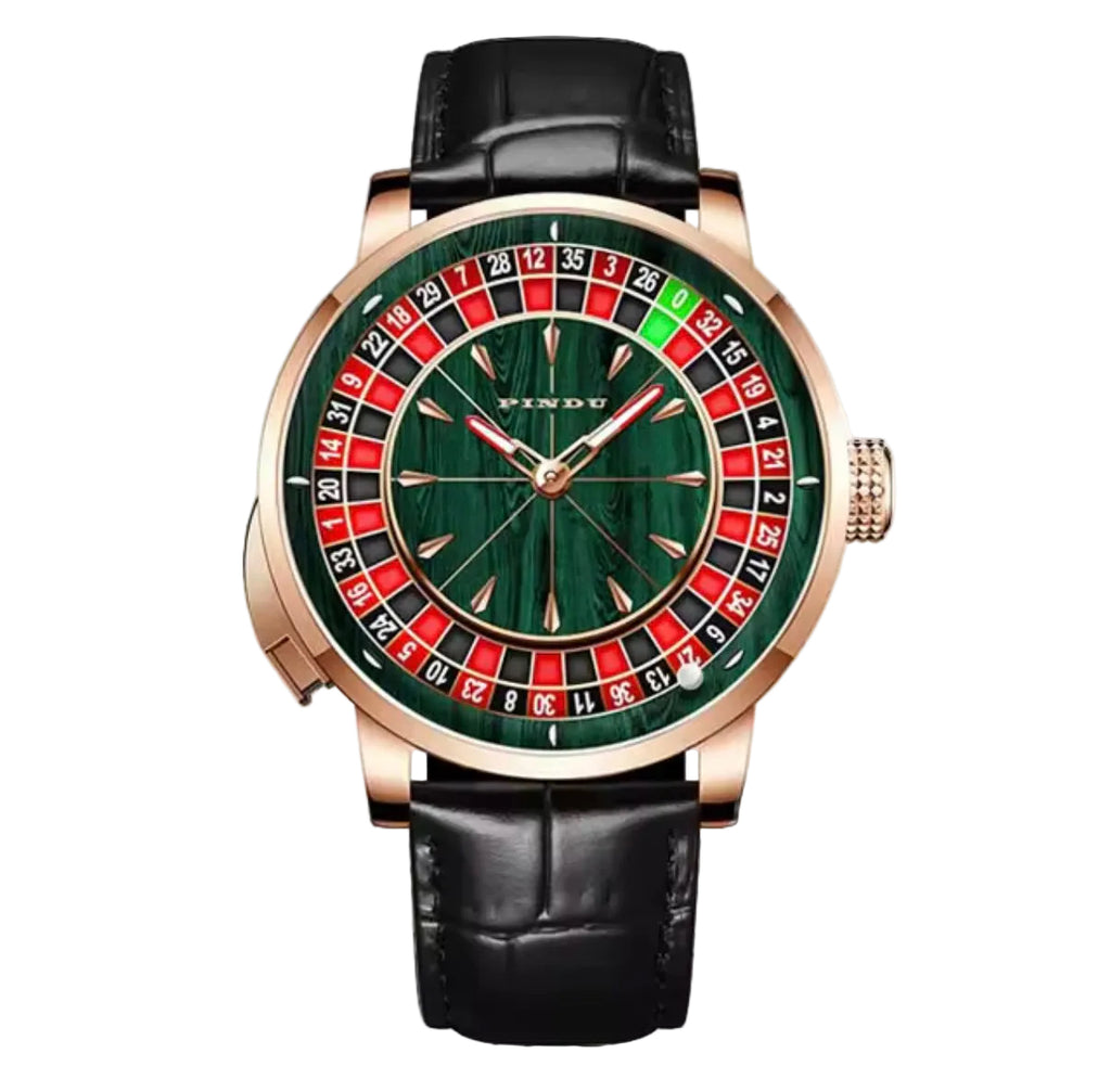 PINDU P6663 roulette wheel mechanical watch rose gold case green wood grain dial black leather strap front view