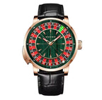 PINDU P6663 roulette wheel mechanical watch rose gold case green wood grain dial black leather strap front view