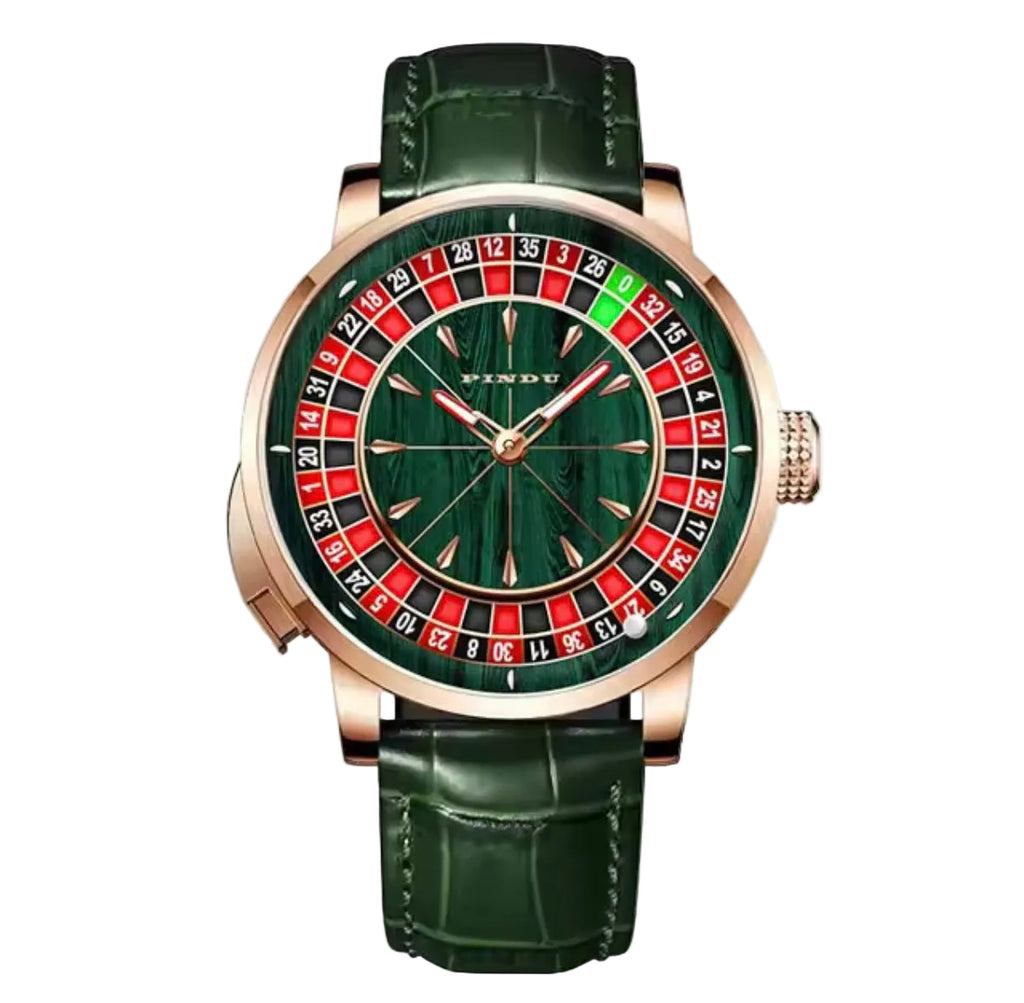 PINDU P6663 roulette wheel mechanical watch rose gold case green wood grain dial green leather strap front view
