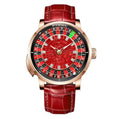 PINDU P6663 roulette wheel mechanical watch rose gold case red crystal baguette dial red leather strap front view