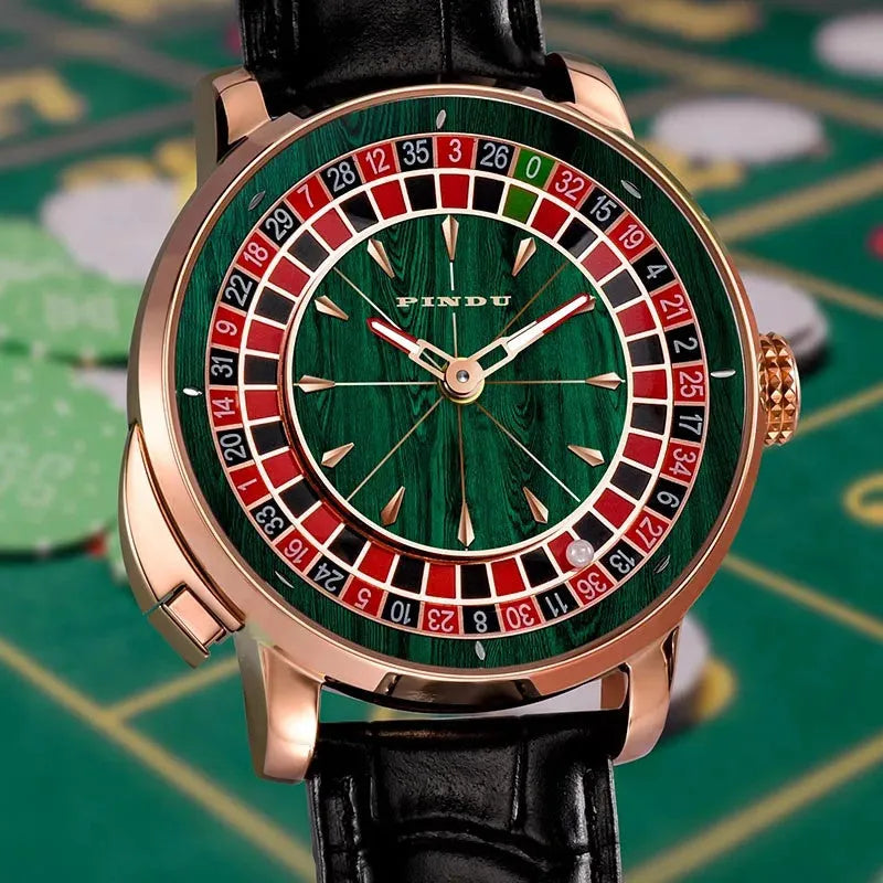 PINDU P6663 roulette wheel watch casino lifestyle shot green wood grain dial black leather strap