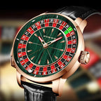 PINDU P6663 roulette wheel watch lifestyle shot green wood grain dial black leather strap angle view
