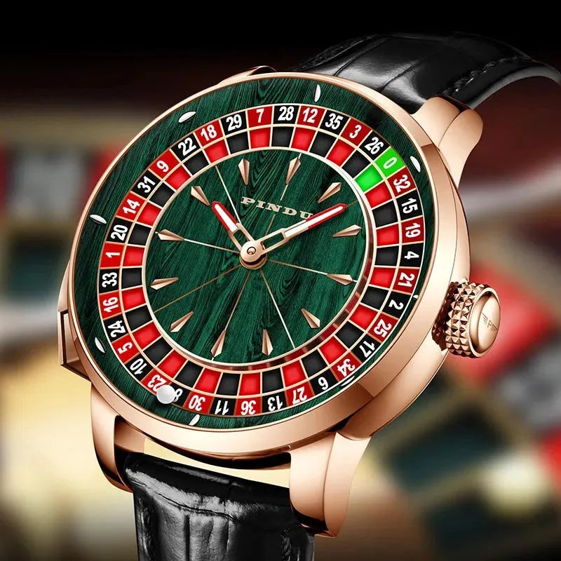PINDU P6663 roulette wheel watch lifestyle shot green wood grain dial black leather strap angle view