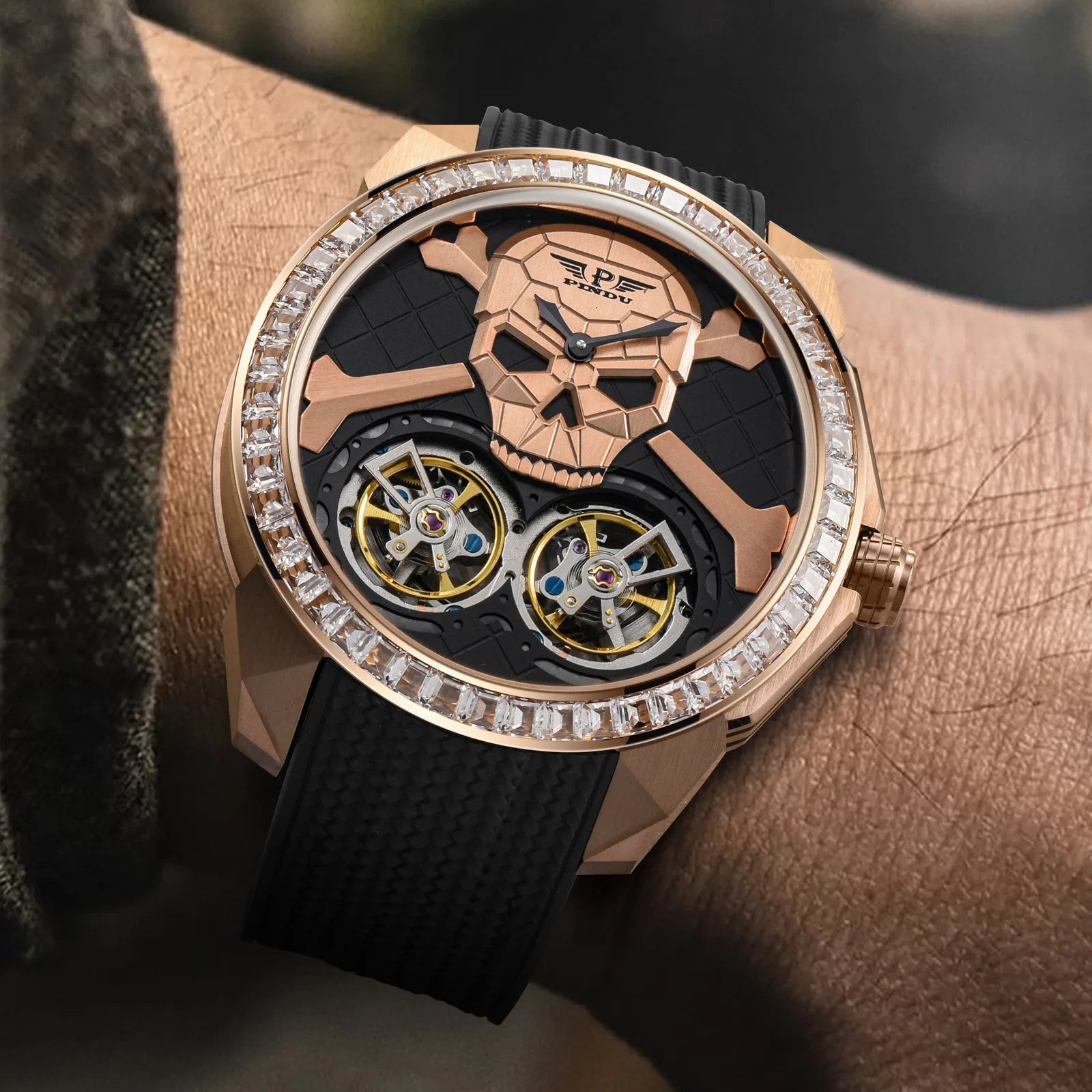 PINDU P6666 double flying wheel automatic watch on wrist rose gold ghost head dial diamond-set round bezel black rubber strap luxury lifestyle wrist shot