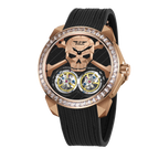 PINDU P6666 double flying wheel automatic watch rose gold brushed case black rubber strap skull-shaped dial dual yellow flying tourbillon wheels diamond bezel front view