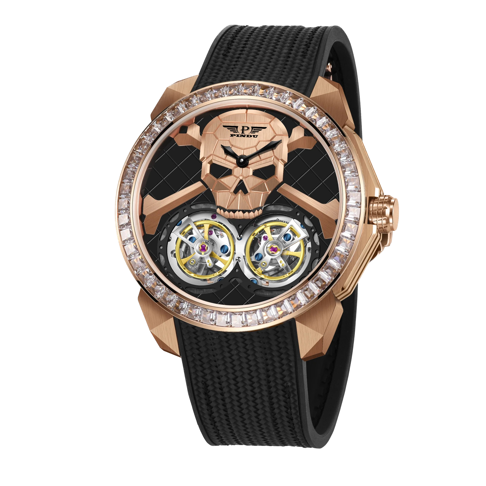 PINDU P6666 double flying wheel automatic watch rose gold brushed case black rubber strap skull-shaped dial dual yellow flying tourbillon wheels diamond bezel front view