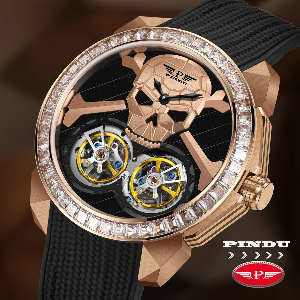 PINDU P6666 double flying wheel automatic watch on wrist rose gold case diamond bezel dual yellow tourbillon complications brushed skull dial luxury background