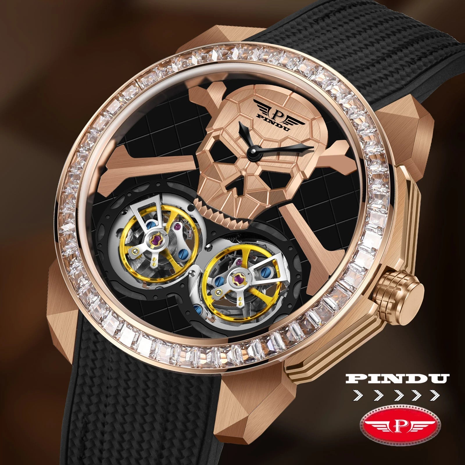PINDU P6666 double flying wheel automatic watch on wrist rose gold case diamond bezel dual yellow tourbillon complications brushed skull dial luxury background