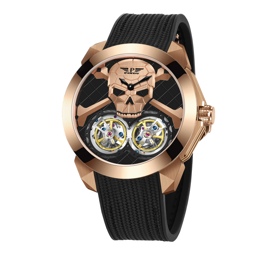 PINDU P6666 double flying wheel automatic watch rose gold case black rubber strap skull ghost head dial dual yellow tourbillon complications diamond-set bezel front view black background