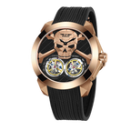 PINDU P6666 double flying wheel automatic watch rose gold case black rubber strap skull ghost head dial dual yellow tourbillon complications diamond-set bezel front view black background