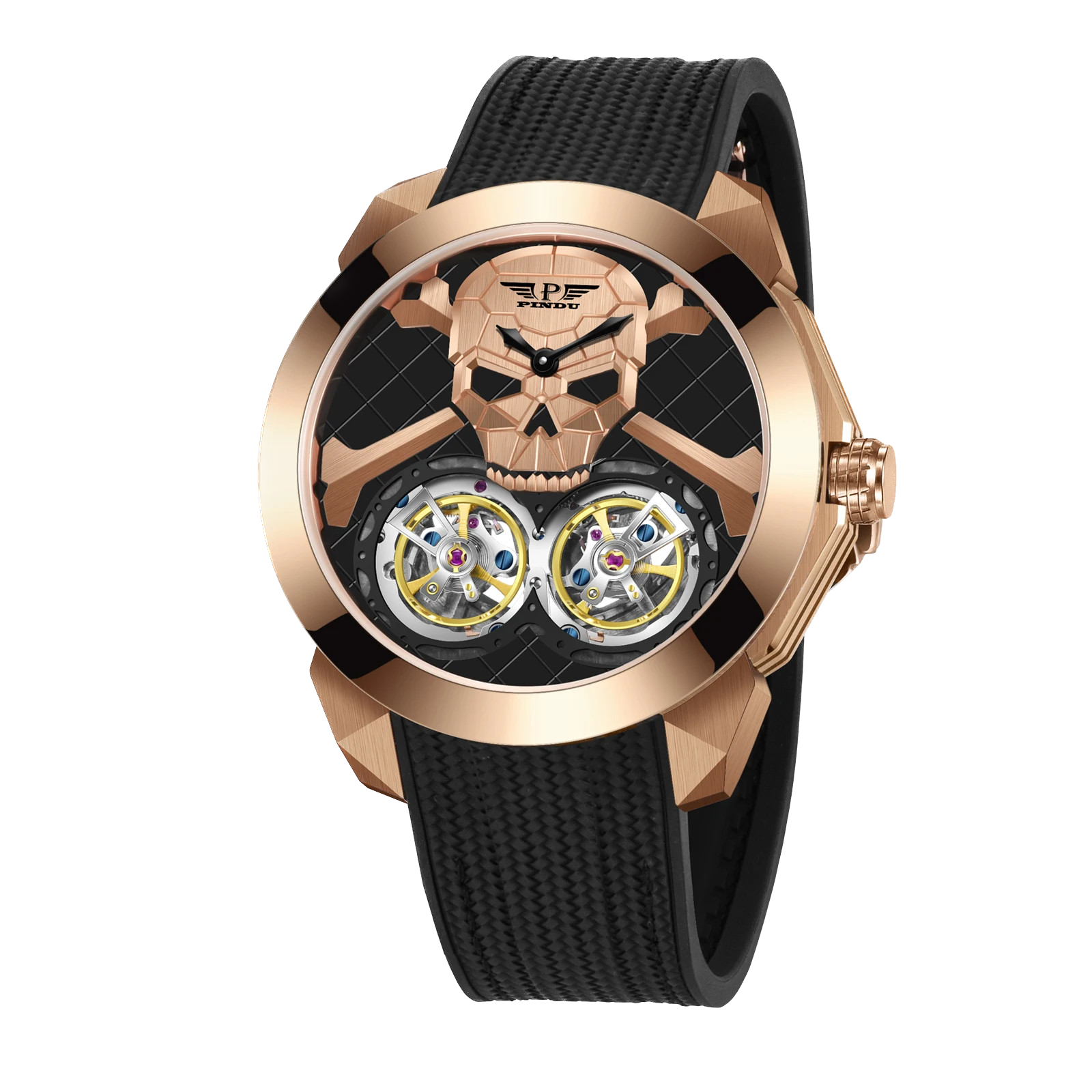 PINDU P6666 double flying wheel automatic watch rose gold case black rubber strap skull ghost head dial dual yellow tourbillon complications diamond-set bezel front view black background
