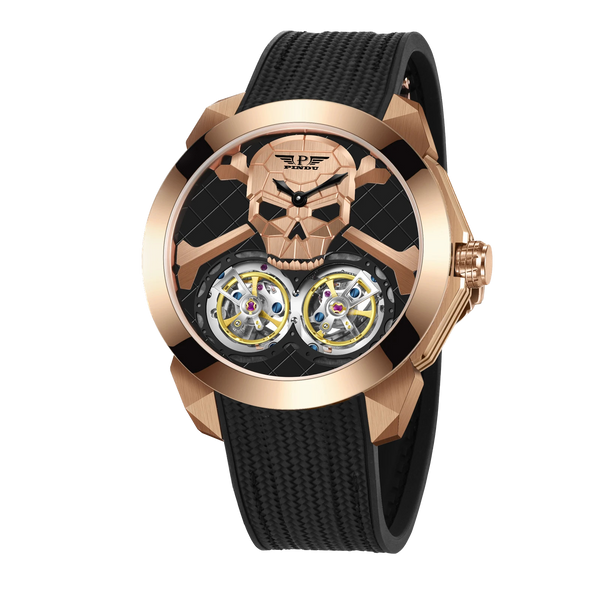 PINDU P6666 double flying wheel automatic watch rose gold case black rubber strap skull ghost head dial dual yellow tourbillon complications diamond-set bezel front view black background